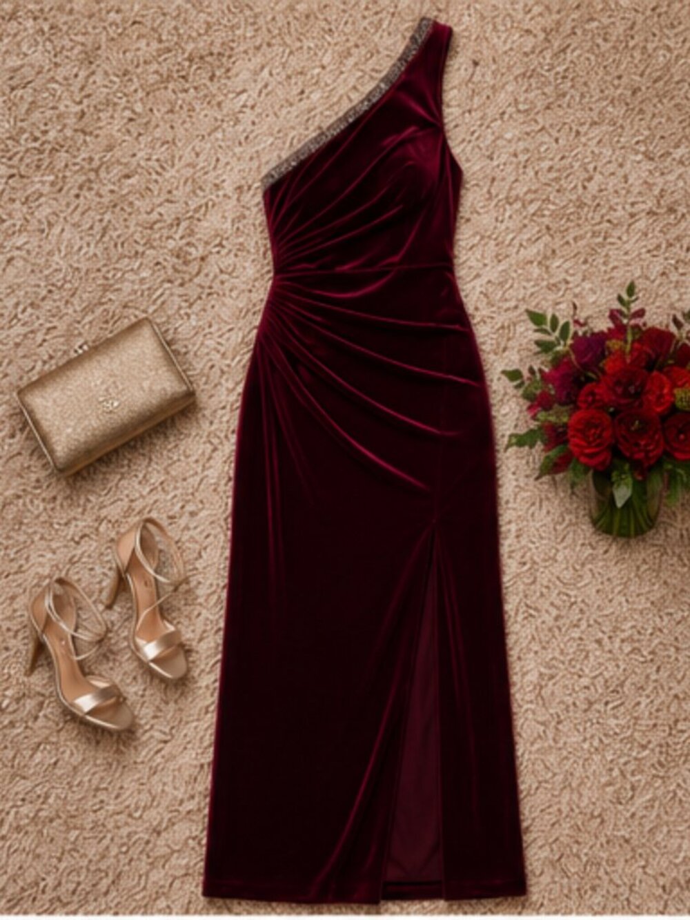 Adrianna Papell One-Shoulder Burgundy Velvet Gown